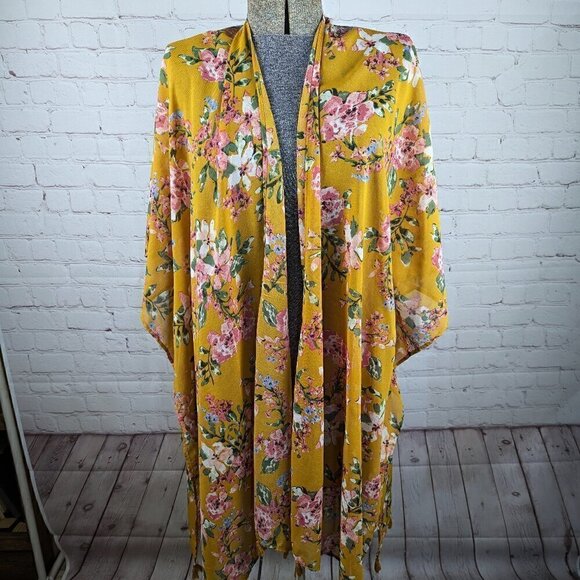 Ultra Pink Other - Mustard Yellow Floral Kimono/Wrap w/ Tassels 2X